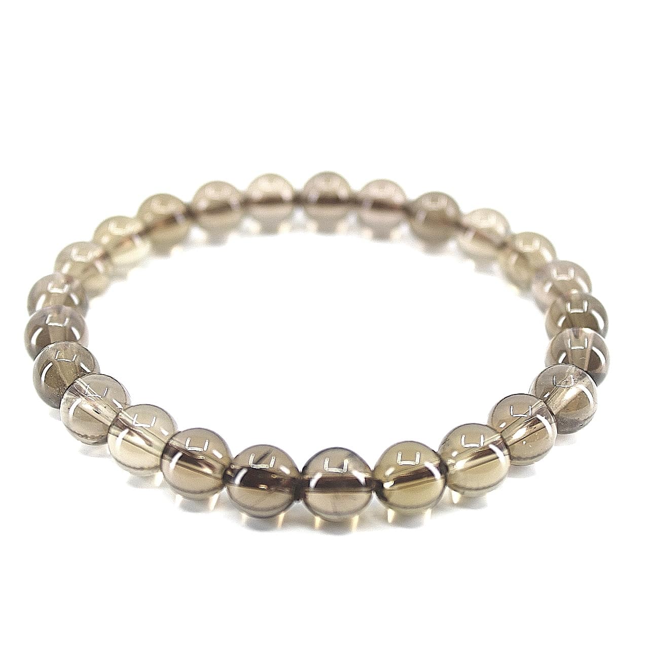 Bracelet de perles translucides brun fumé de 8 mm sur fond blanc