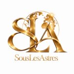 Logo doré SousLesAstres : monogramme SLA avec une planète sur fond blanc