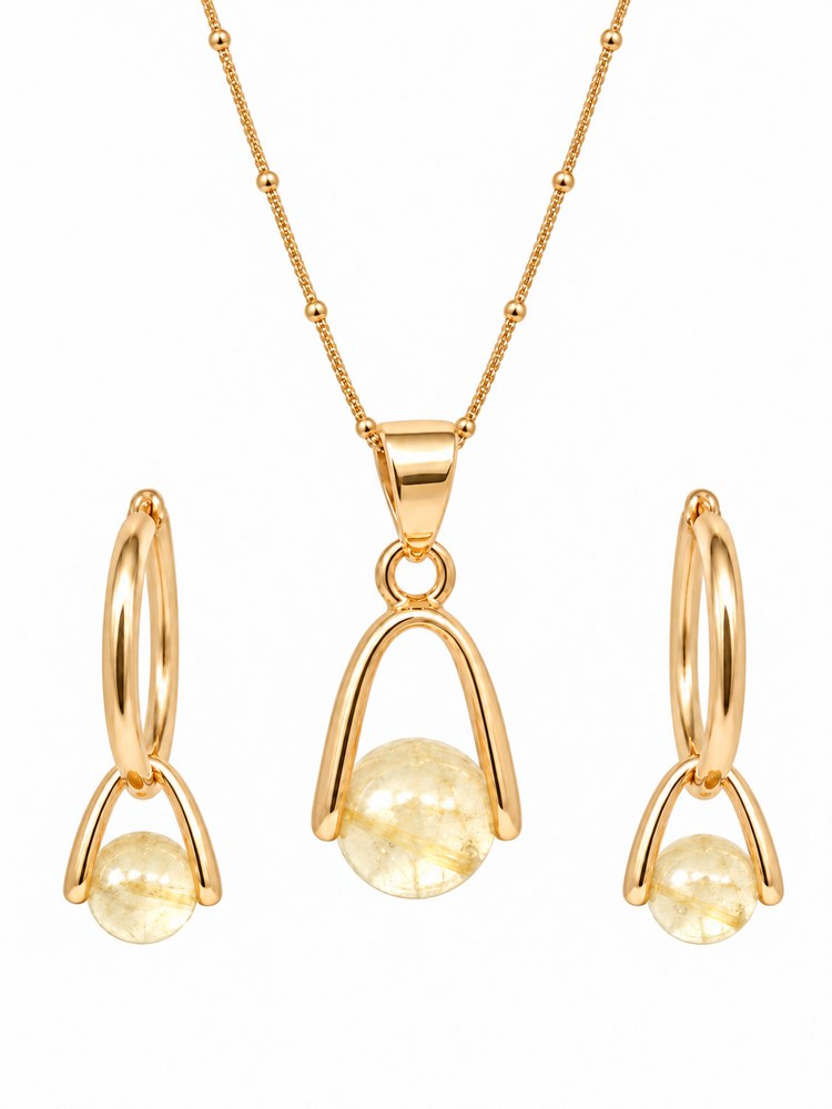 Parure Éclat dorée en citrine : collier et boucles d’oreilles sur fond blanc